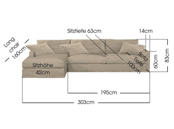 Leinen Ecksofa mit abnehmbaren Bezügen. 3 meter breit mit Longchair, Recamiere, Ottomane