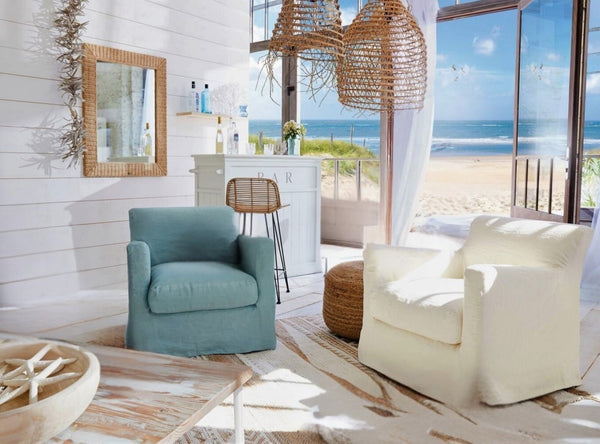 Zwei Leinen Chill & Relax Sessel Bandol in Weiß und Blaugrau im maritimen Boho Stil Strandhaus Wohnzimmer, Bezüge abnehmbar und waschbar, ideal für das Wochenendhaus