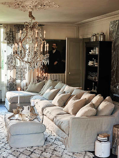 Leinen Sofa mit abnehmbaren Bezügen in Farbe natur Landhausstil französisch mit Hocker als Ecksofa