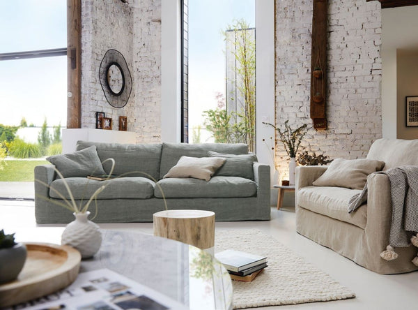Leinen Sofa Biscarrosse mit abnehmbaren, waschbaren Bezügen. Nachhaltiger Leinenstoff, Naturmaterialien und komfortables Design.
