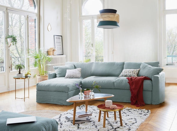 Bidart Schlafsofa in Blaugrau mit waschbarem Leinen Bezug, Ecksofa mit Bettfunktion französisches Bett